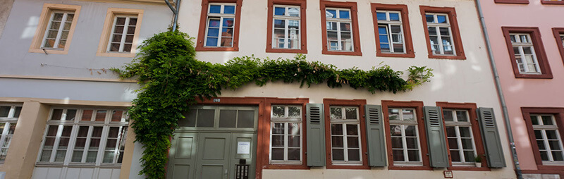 Altstadtfassade mit grün berankter Hauswand, grauen Fensterläden und rotem Fensterrahmen an einem Wohnheim