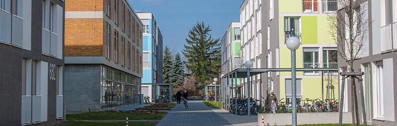 Breiter Fußweg zwischen mehreren farbig gestalteten Wohnheimen mit Bäumen und vielen abgestellten Fahrrädern