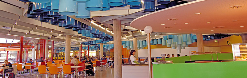 Zentralmensa Heidelberg – Großer Speisesaal mit vielfältigen Essensständen und gemischten Sitzbereichen.