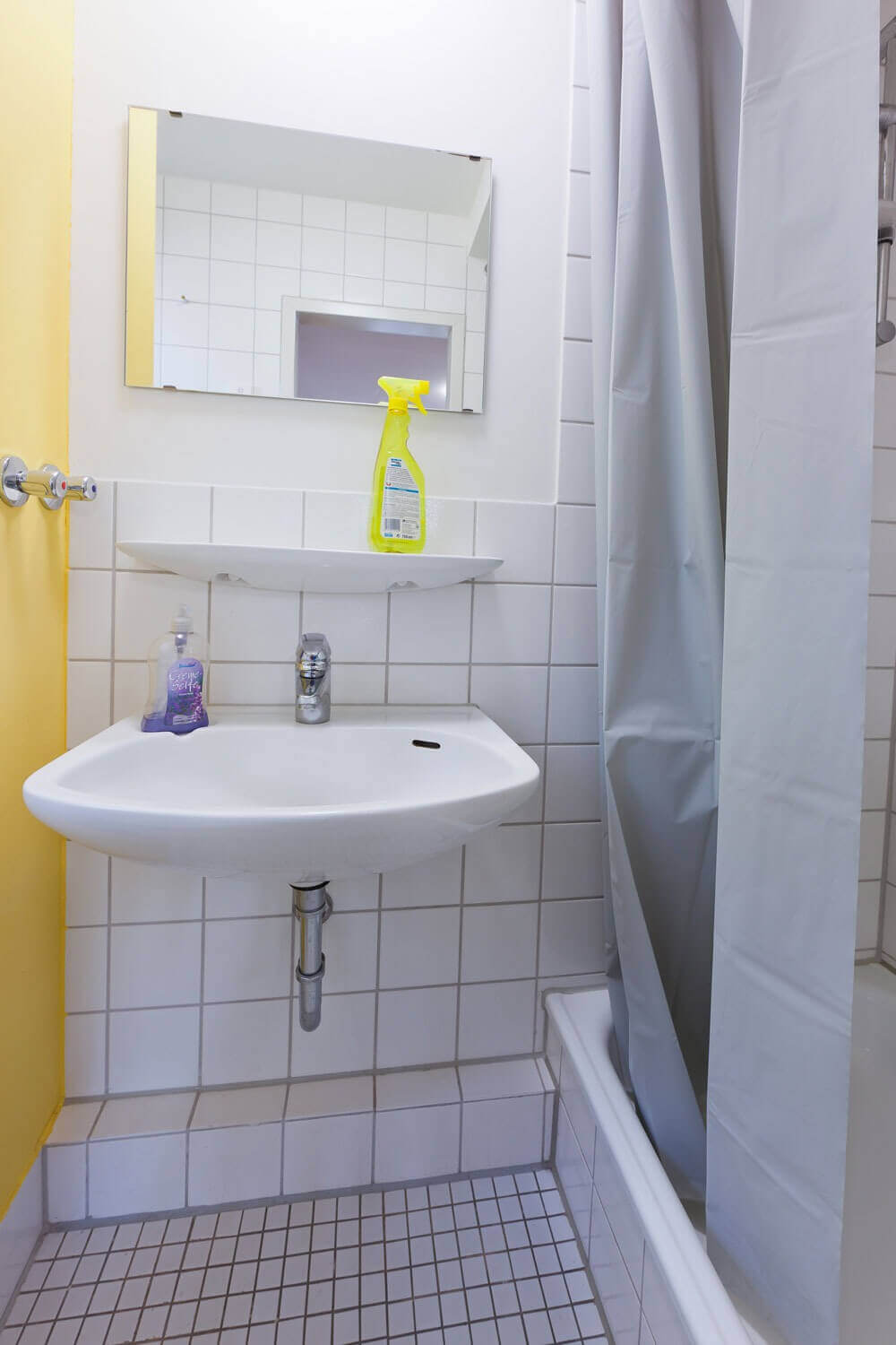 Kleines Badezimmer mit Waschbecken, Spiegel, Dusche mit Vorhang und Fliesen in einem der Appartements.