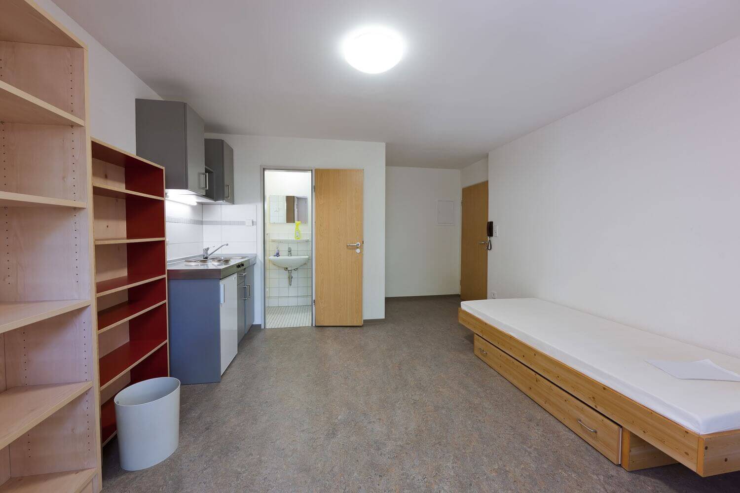 Geräumiges Einzelappartement im Studentenwohnheim mit Küchenzeile, Bett, Bücherregalen und Zugang zum Bad.