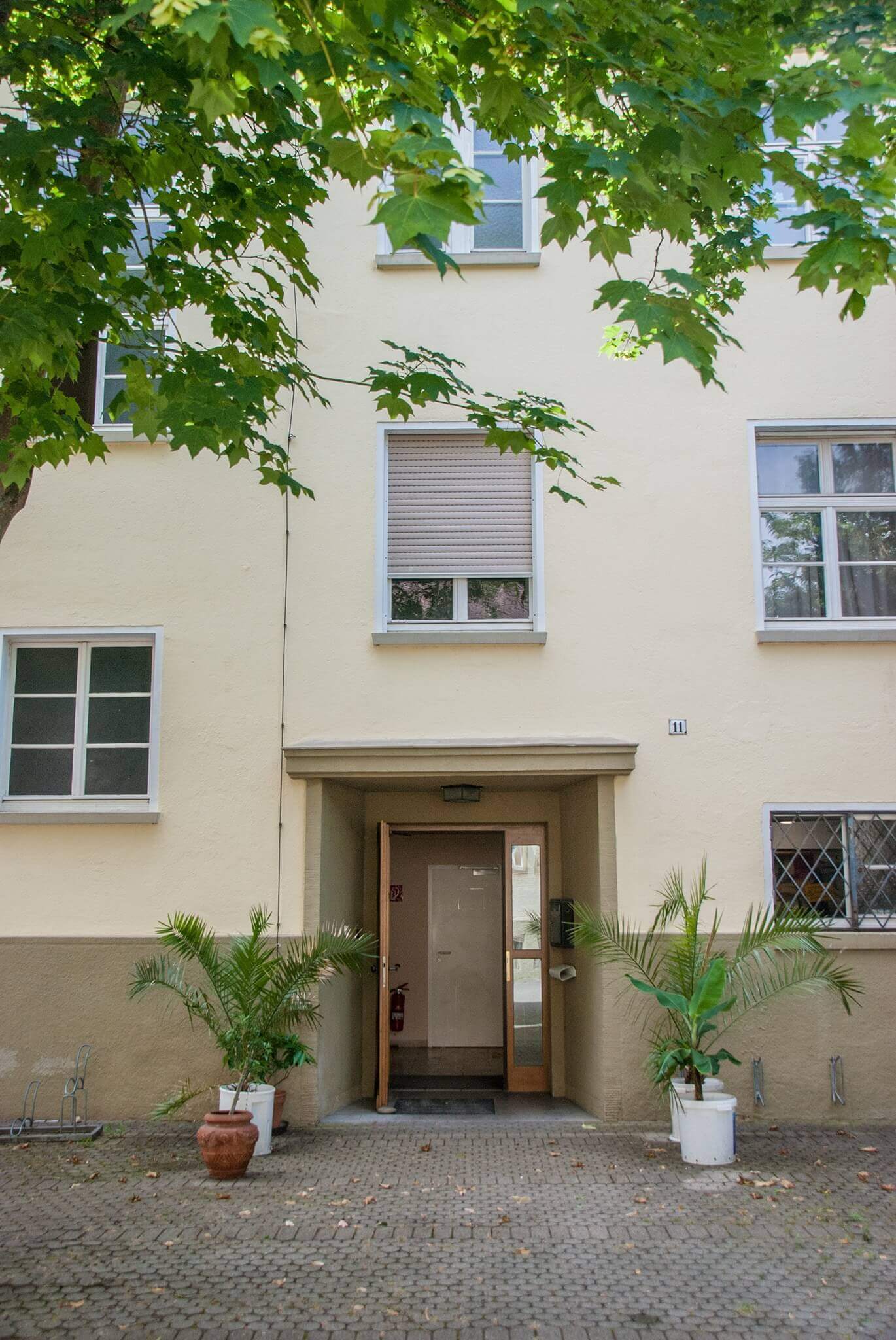 Der Hauseingang eines hellen Wohngebäudes mit geöffneter Tür, Topfpflanzen links und rechts sowie einem schattenspendenden Baum im Vordergrund.