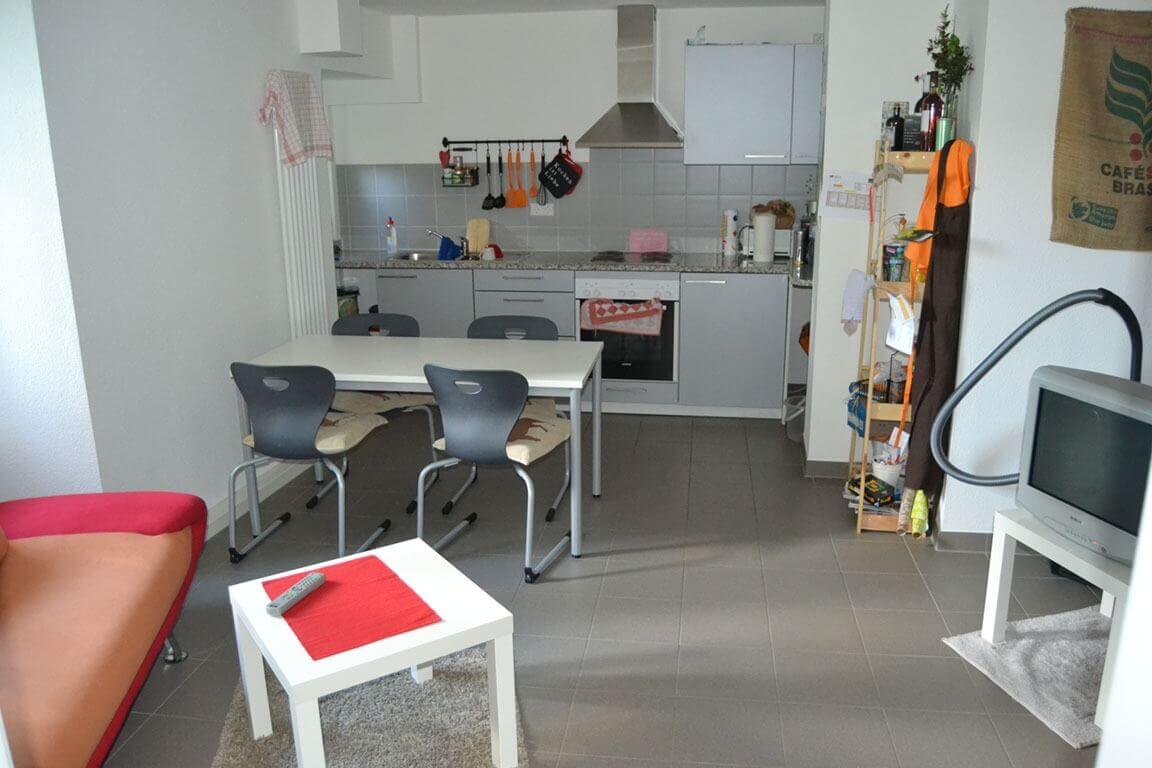 Eine moderne, schlichte Küchenzeile mit grauen Fronten, integriertem Herd, Dunstabzugshaube und Edelstahlspüle.